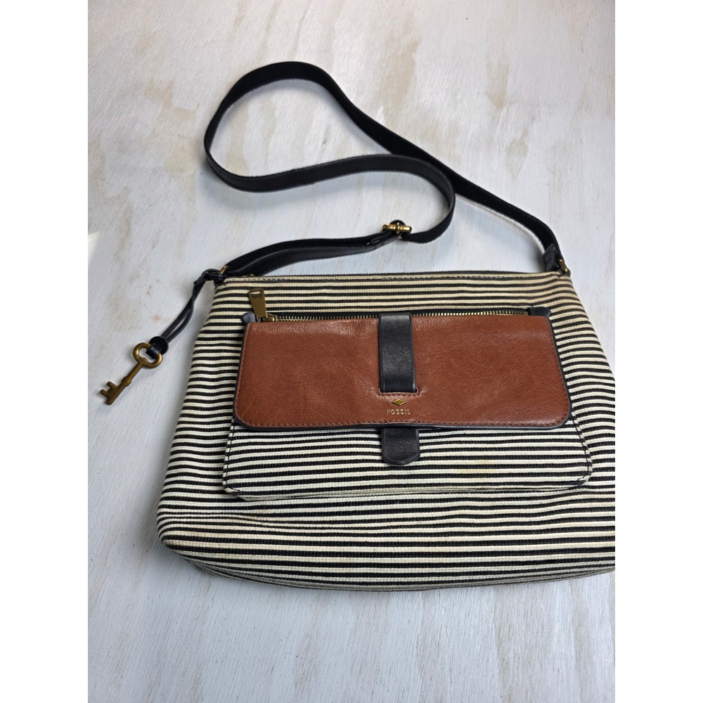 Fossil Striped Canvas Leather Crossbody Bag Black Brown Cream Nautical Classic